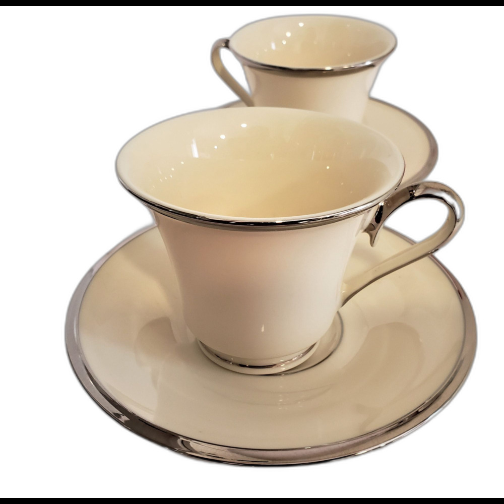 2 Lenox China Solitaire Pattern Footed Tea Cup & Saucer White Platinum Trim